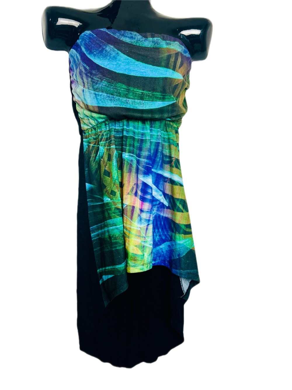 Express Black Strapless Dress with Teal and Purple Print